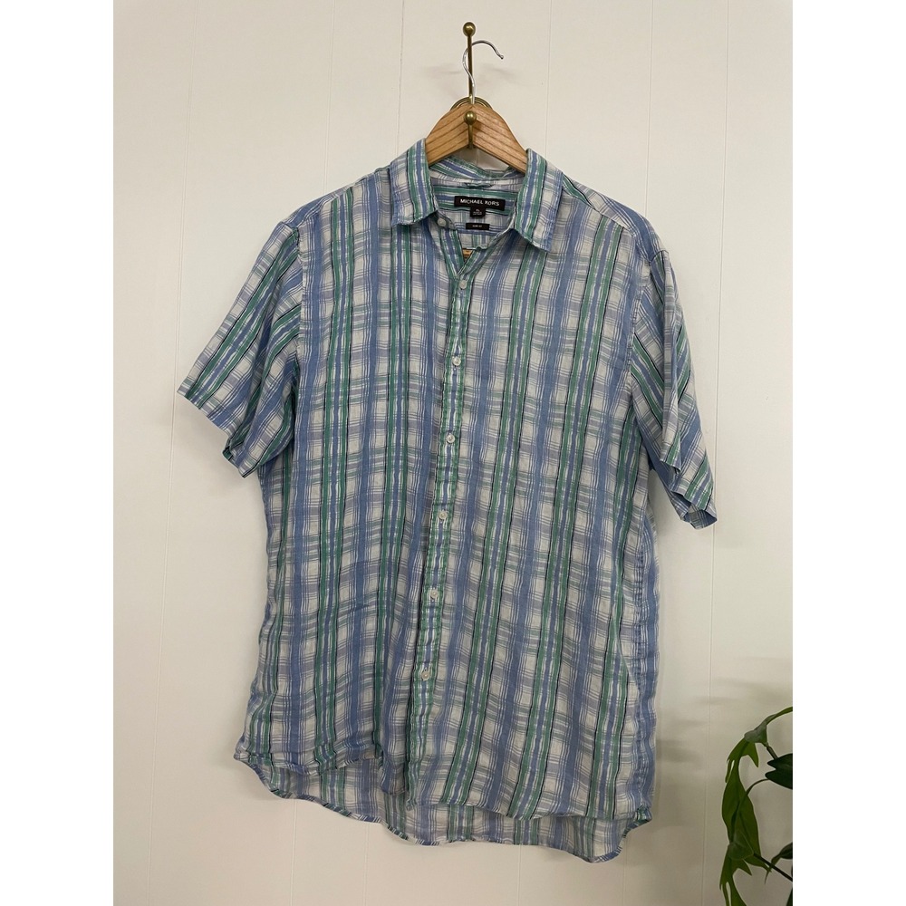 Michael Kors Mens XL Slim Fit Short Sleeve Plaid Button Down Shirt Blue Green